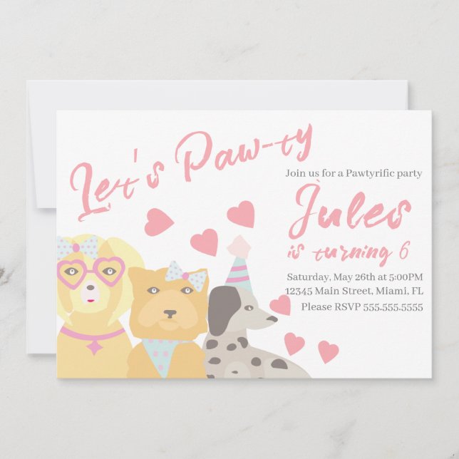 Invitación Cumpleaños del perro fiesta de patas corazones de  (Anverso)
