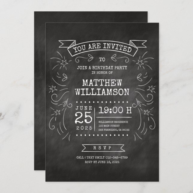 Invitación Cumpleaños del personalizable Chalkboard (Anverso / Reverso)