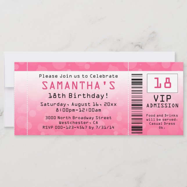 Invitación Cumpleaños del Personalizable de boletos rosados d (Anverso)