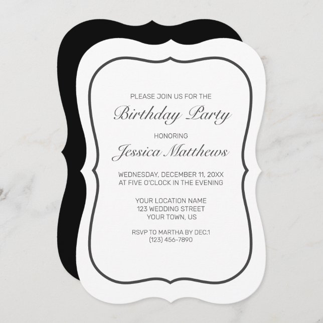 Invitación Cumpleaños del Personalizado negro blanco Minimali (Anverso / Reverso)