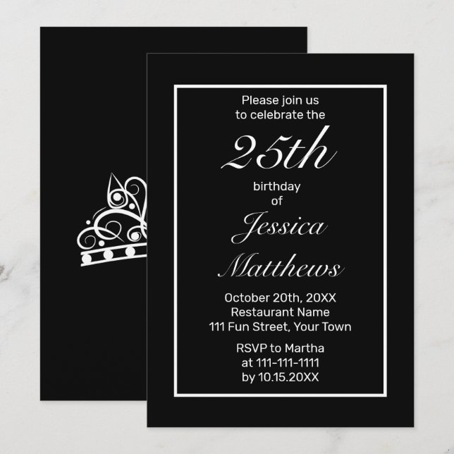 Invitación Cumpleaños del Personalizado negro blanco Minimali (Anverso / Reverso)