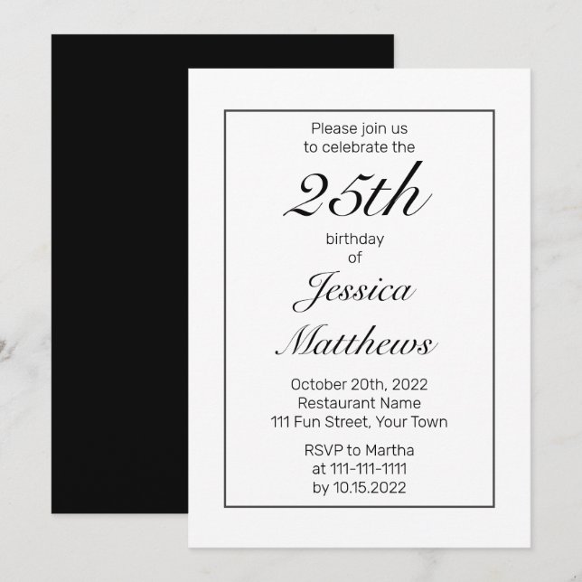 Invitación Cumpleaños del Personalizado negro blanco Minimali (Anverso / Reverso)