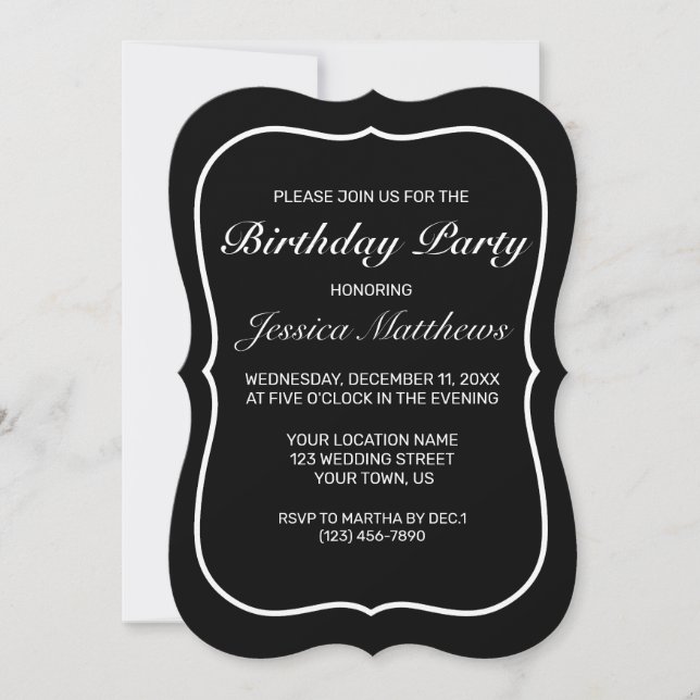 Invitación Cumpleaños del Personalizado negro blanco Minimali (Anverso)