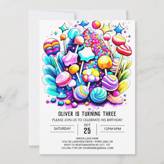 Invitación Cumpleaños del personalizado Rainbow Candyland (Anverso)