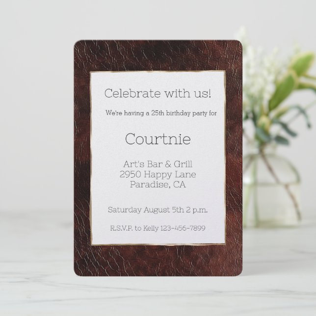 Invitación Cumpleaños del Piel de vaca de cuero marrón del su (Anverso de pie)