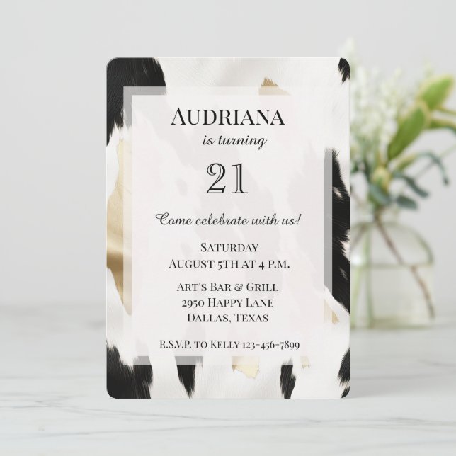 Invitación Cumpleaños del Piel de vaca de Oro Blanco Negro de (Anverso de pie)