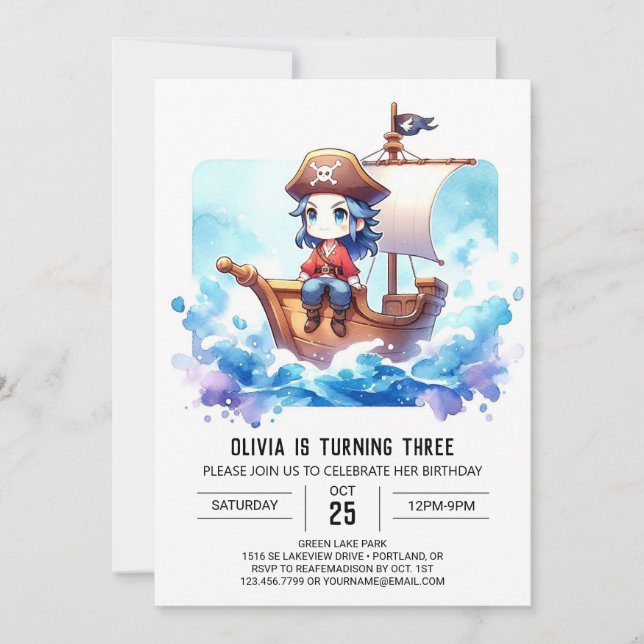 Invitación Cumpleaños del pirata acuarela personalizado (Anverso)