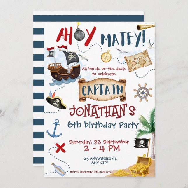 Invitación Cumpleaños del Pirata Cute (Anverso / Reverso)