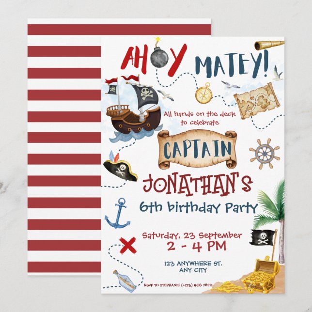 Invitación Cumpleaños del Pirata Cute (Anverso / Reverso)