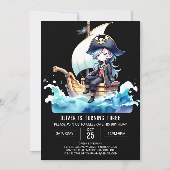 Invitación Cumpleaños del Pirata de Barco Simple (Anverso)