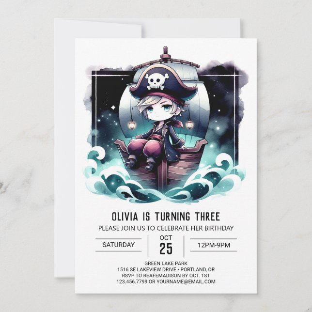 Invitación Cumpleaños del Pirata Encantado Náutico (Anverso)