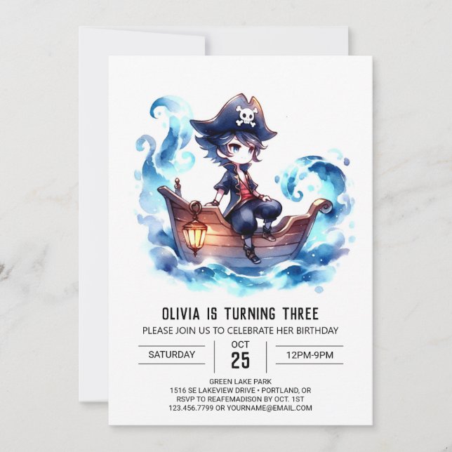Invitación Cumpleaños del Pirata Encantado Pastel (Anverso)
