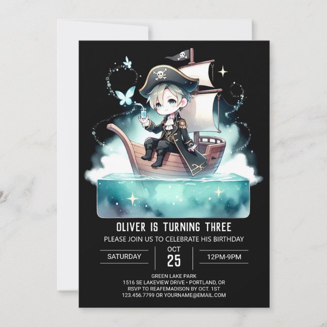 Invitación Cumpleaños del Pirata Mágico minimalista (Anverso)