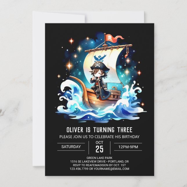 Invitación Cumpleaños del Pirata Oceánico Watercolor (Anverso)