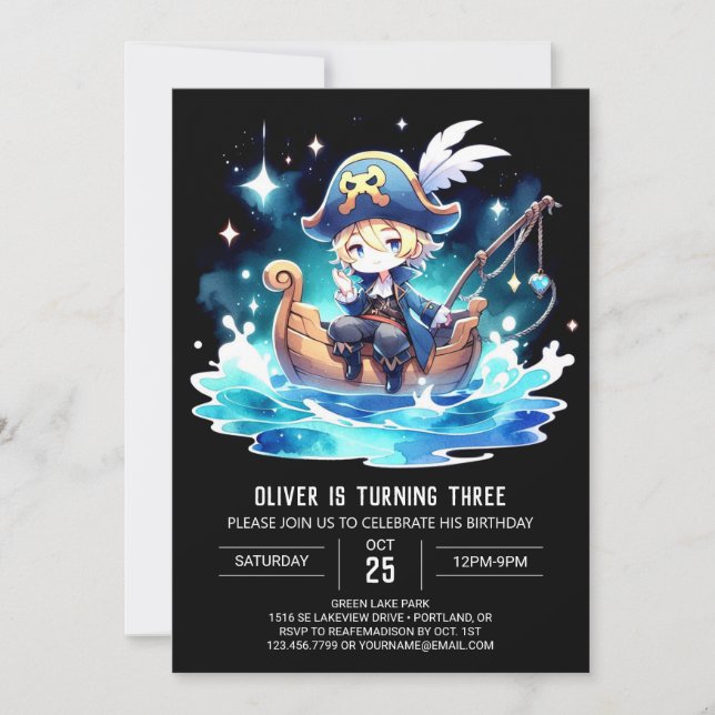 Invitación Cumpleaños del Pirata Simple Oceánico (Anverso)