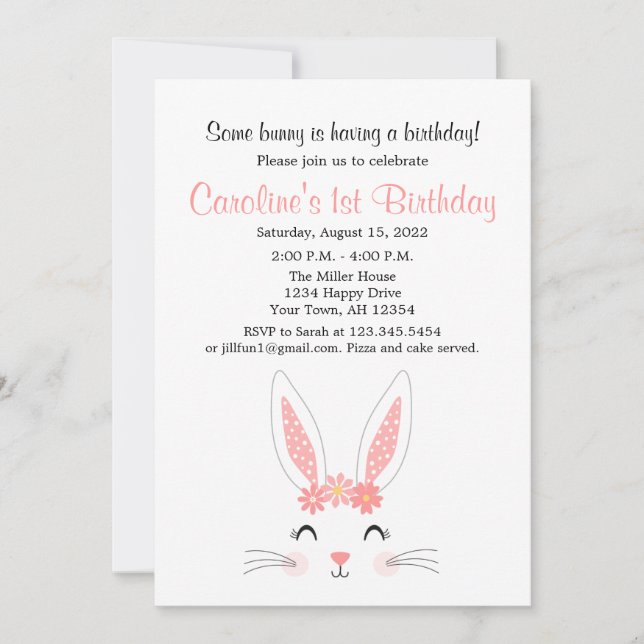 Invitación Cumpleaños del primer año de Bunny (Anverso)