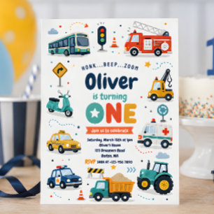 Invitación Cumpleaños del primer año de camión de transporte