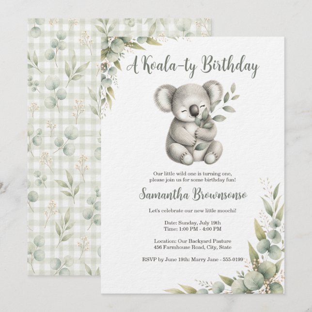 Invitación Cumpleaños del primer año de koala lindo (Anverso / Reverso)