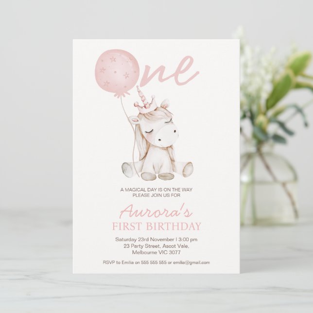 Invitación Cumpleaños del primer año de Unicornio Rosa Lindo (Anverso de pie)