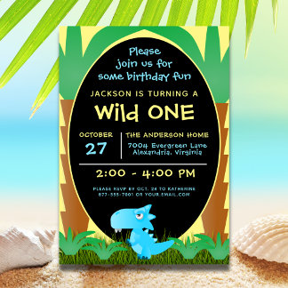 Invitación Cumpleaños del primer año del salvaje dinosaurio l