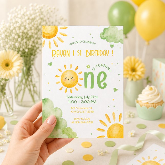 Invitación Cumpleaños del primer bebé niño verde boho Sunshin (Subido por el creador)