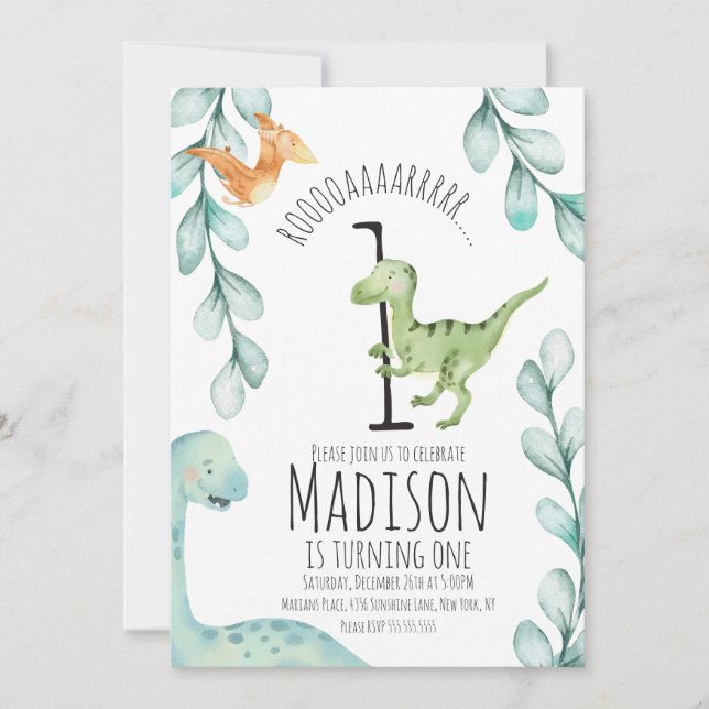 Invitación Cumpleaños del primer dinosaurio con acuarela (Anverso)