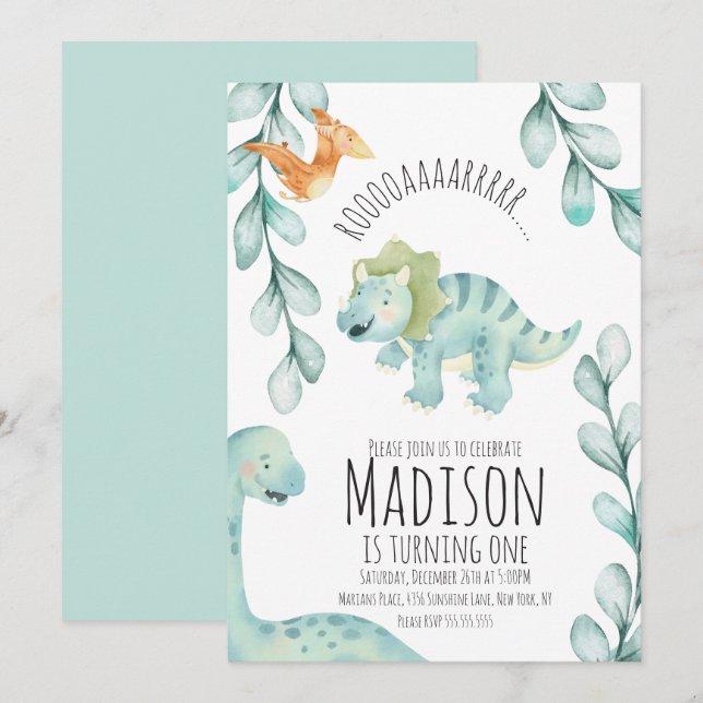 Invitación Cumpleaños del primer dinosaurio de acuarela azul (Anverso / Reverso)