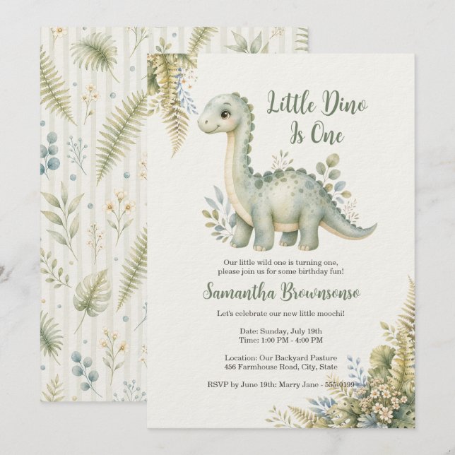 Invitación Cumpleaños del primer dinosaurio helecho (Anverso / Reverso)