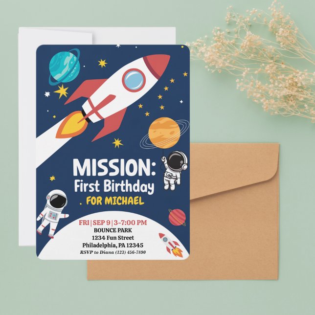 Invitación Cumpleaños del Primer Niño Cohete Astronauta del E (Subido por el creador)