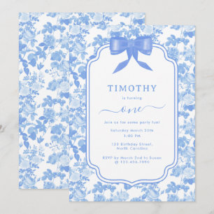 Invitación Cumpleaños del primer niño con rosas florales azul