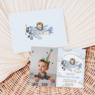 Invitación Cumpleaños del primer oso de peluche avión foto Be