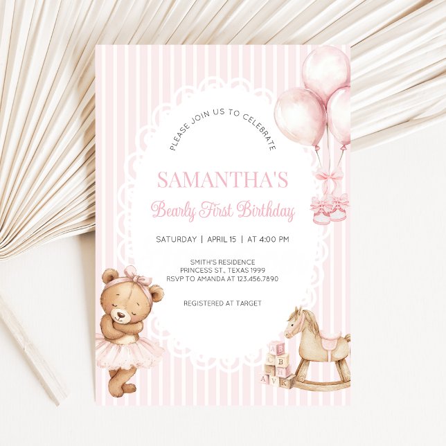 Invitación Cumpleaños del primer oso rosa (Bearly First Birthday Invitation)