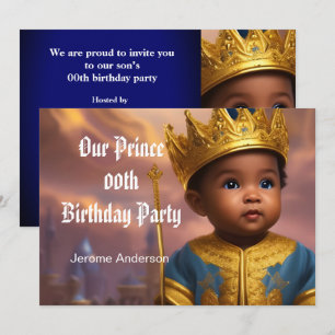 Invitación Cumpleaños del Príncipe Niño Azul Dorado Afroameri