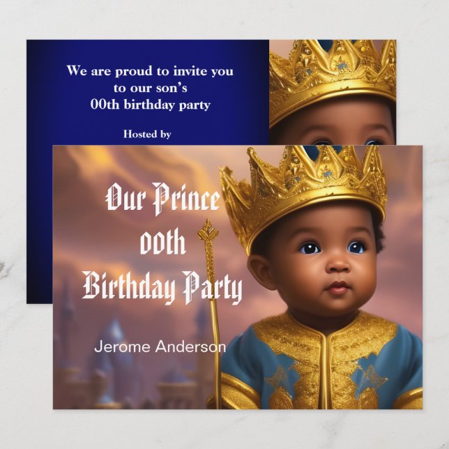 Invitación Cumpleaños del Príncipe Niño Azul Dorado Afroameri (Anverso / Reverso)
