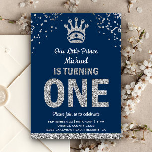 Invitación Cumpleaños del Príncipe Real Azul Marino Plateado