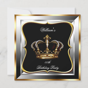 Invitación Cumpleaños del Príncipe Rey Hombre Negro Plateado 