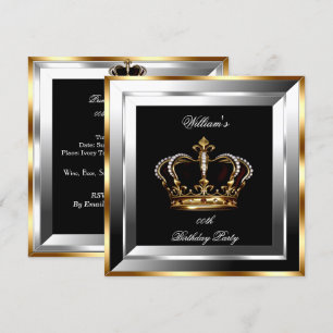 Invitación Cumpleaños del Príncipe Rey Negro Plateado Dorado 