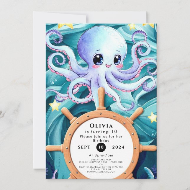 Invitación Cumpleaños del pulpo náutico colorido (Anverso)