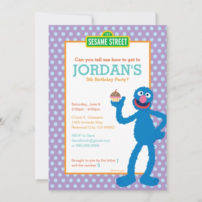 Invitación Cumpleaños del Punto de Polka de Sesame Street Gro (Anverso)