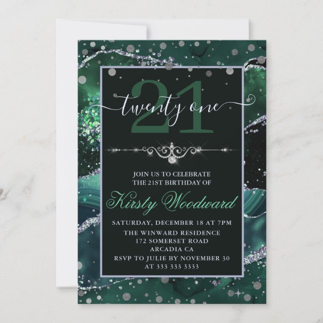 Invitación Cumpleaños del Purpurina Agate Green y Silver Faux (Anverso)