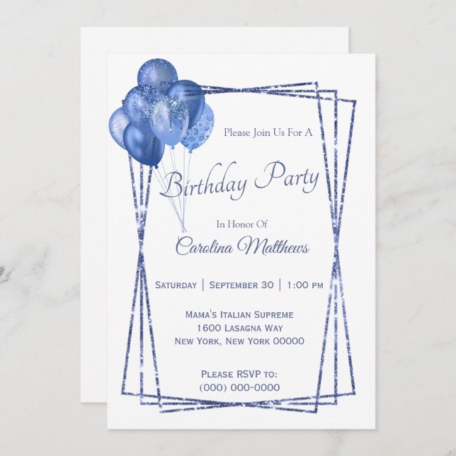 Invitación Cumpleaños del Purpurina con Globo Azul (Anverso / Reverso)