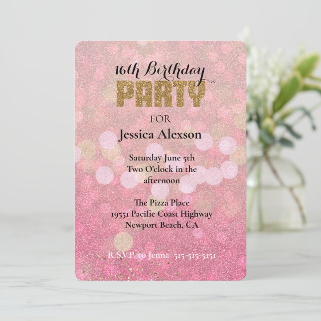 Invitación Cumpleaños del Purpurina de Bokeh de Oro Rosado (Anverso de pie)