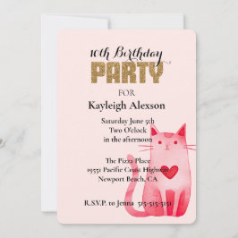 Invitación Cumpleaños del Purpurina de oro del gato del coraz