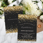 Invitación Cumpleaños del purpurina de oro negro<br><div class="desc">Una invitación moderna, elegante y glamurosa para una fiesta de cumpleaños número 40 (o cualquier edad). Un fondo negro decorado con un polvo falso purpurina dorado. El nombre está escrito con una escritura de estilo con letras a mano moderna. Personalice y agregue los detalles de su fiesta. Agregue más texto...</div>