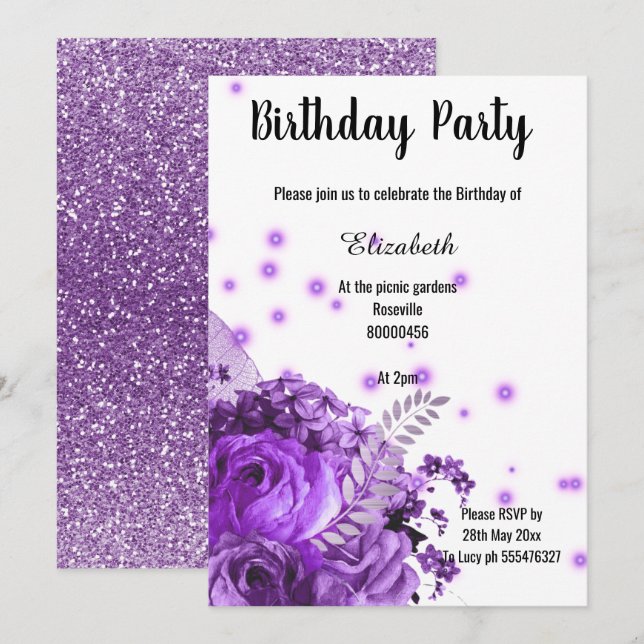 INVITACIÓN CUMPLEAÑOS DEL PURPURINA DE PURPLE FLORAL (Anverso / Reverso)