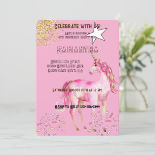 Invitación Cumpleaños del Purpurina de Unicornio Rosado Gold