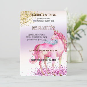 Invitación Cumpleaños del Purpurina de Unicornio Rosado Gold