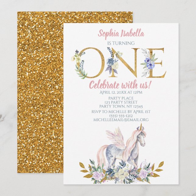 Invitación Cumpleaños del purpurina del oro del unicornio (Anverso / Reverso)