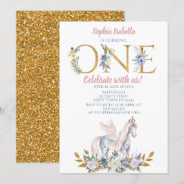 Invitación Cumpleaños del purpurina del oro del unicornio