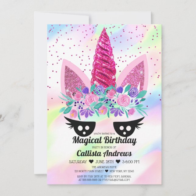 Invitación Cumpleaños del Purpurina floral de Unicornio rosa  (Anverso)